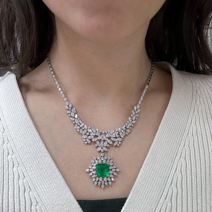 18K Two Tone Pear and Marquise Cut Diamond and Emerald Cut Emerald Necklace