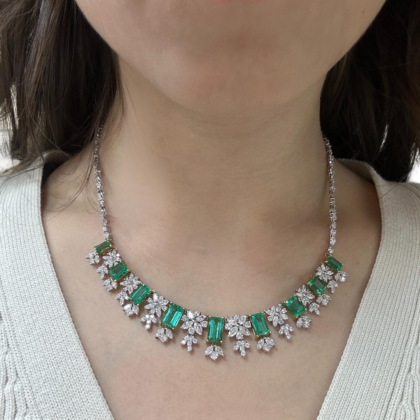 18K Yellow and White Gold Marquise Cut Diamond and Emerald Necklace