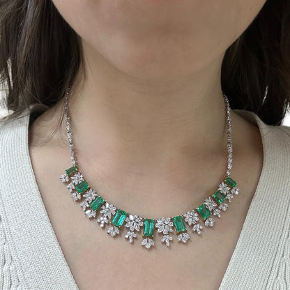 18K Yellow and White Gold Marquise Cut Diamond and Emerald Necklace