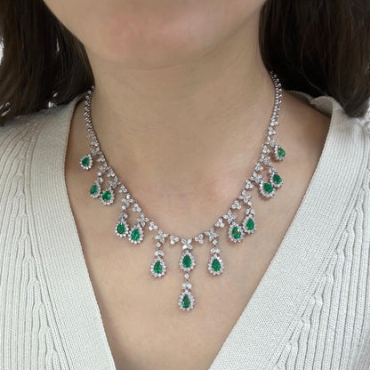 18K White Gold Diamond and Pear Cut Emerald Necklace