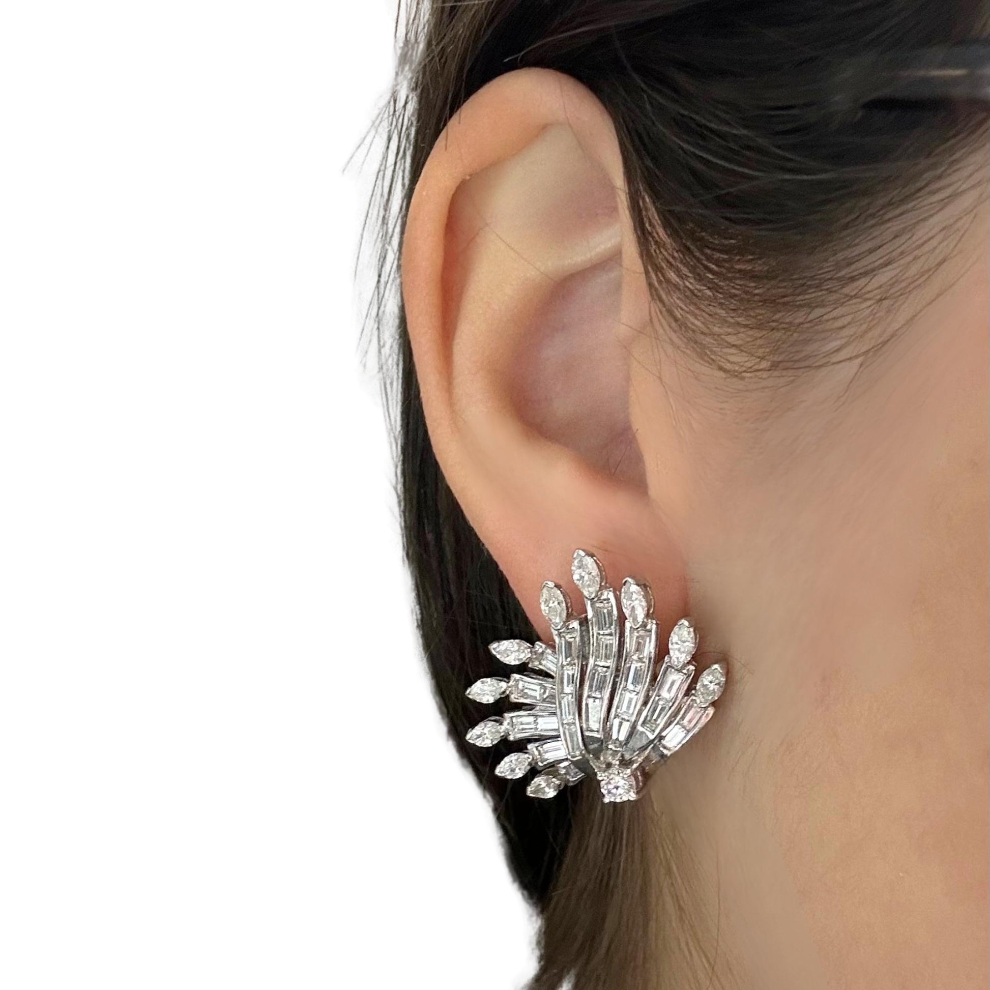 Platinum Marquise and Baguette Cut Diamond Earrings