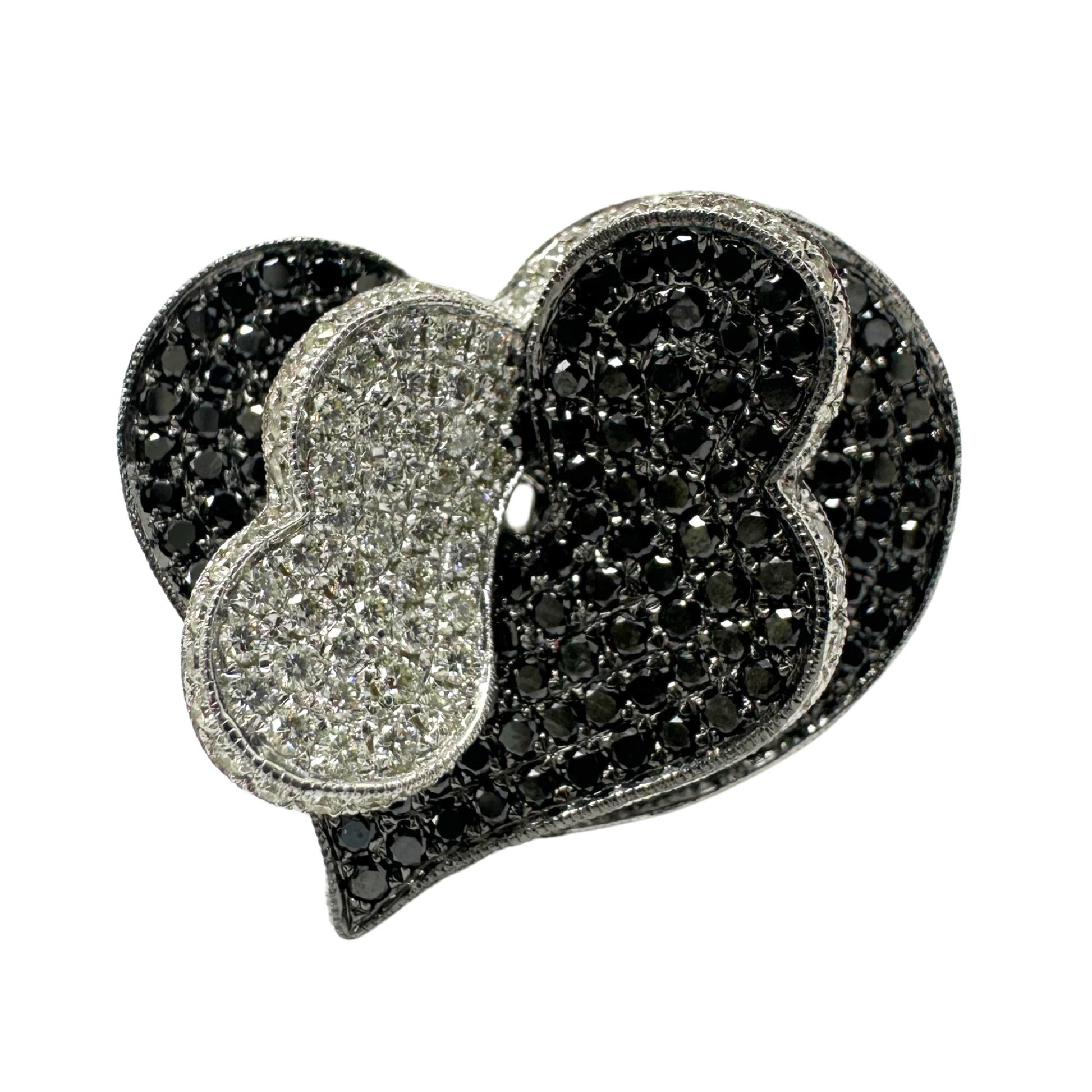 18K White Gold White and Black Diamond Heart Cocktail Ring