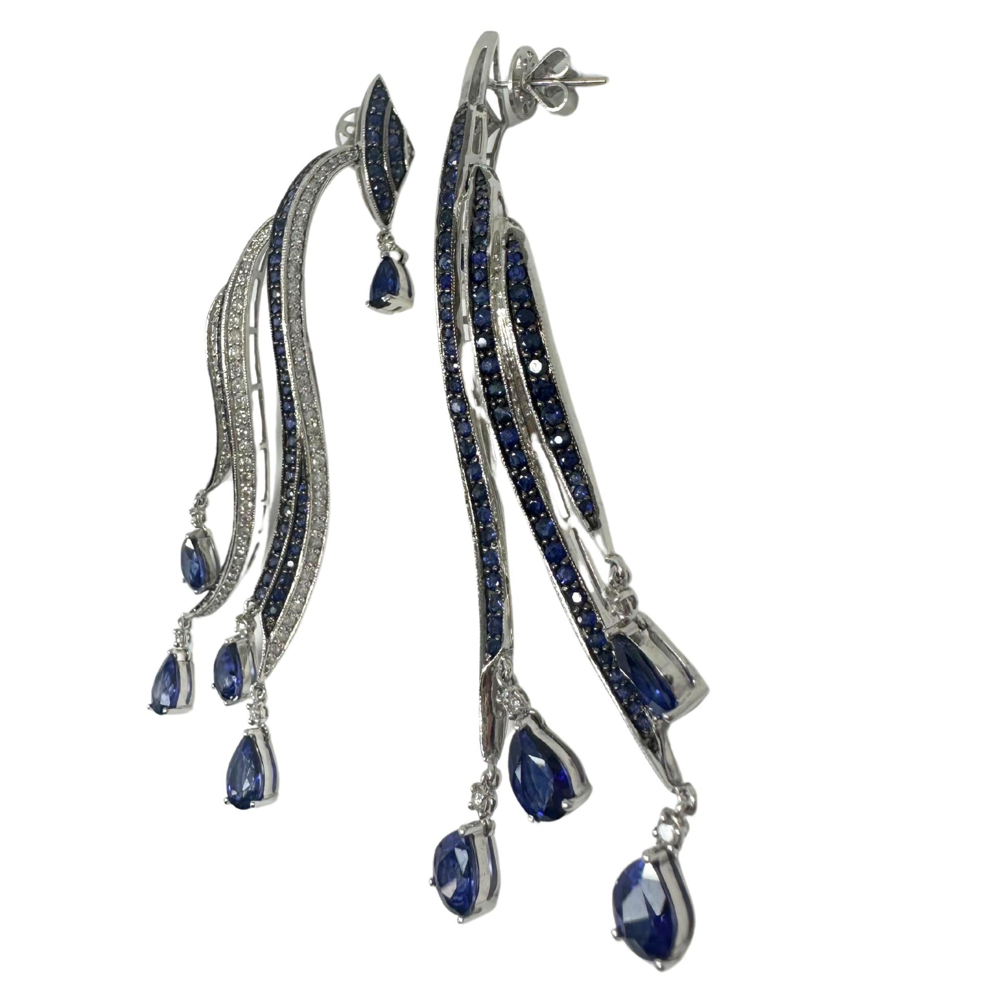 18K White Gold Diamond and Pear Cut Sapphire Flowing Casade Earrings