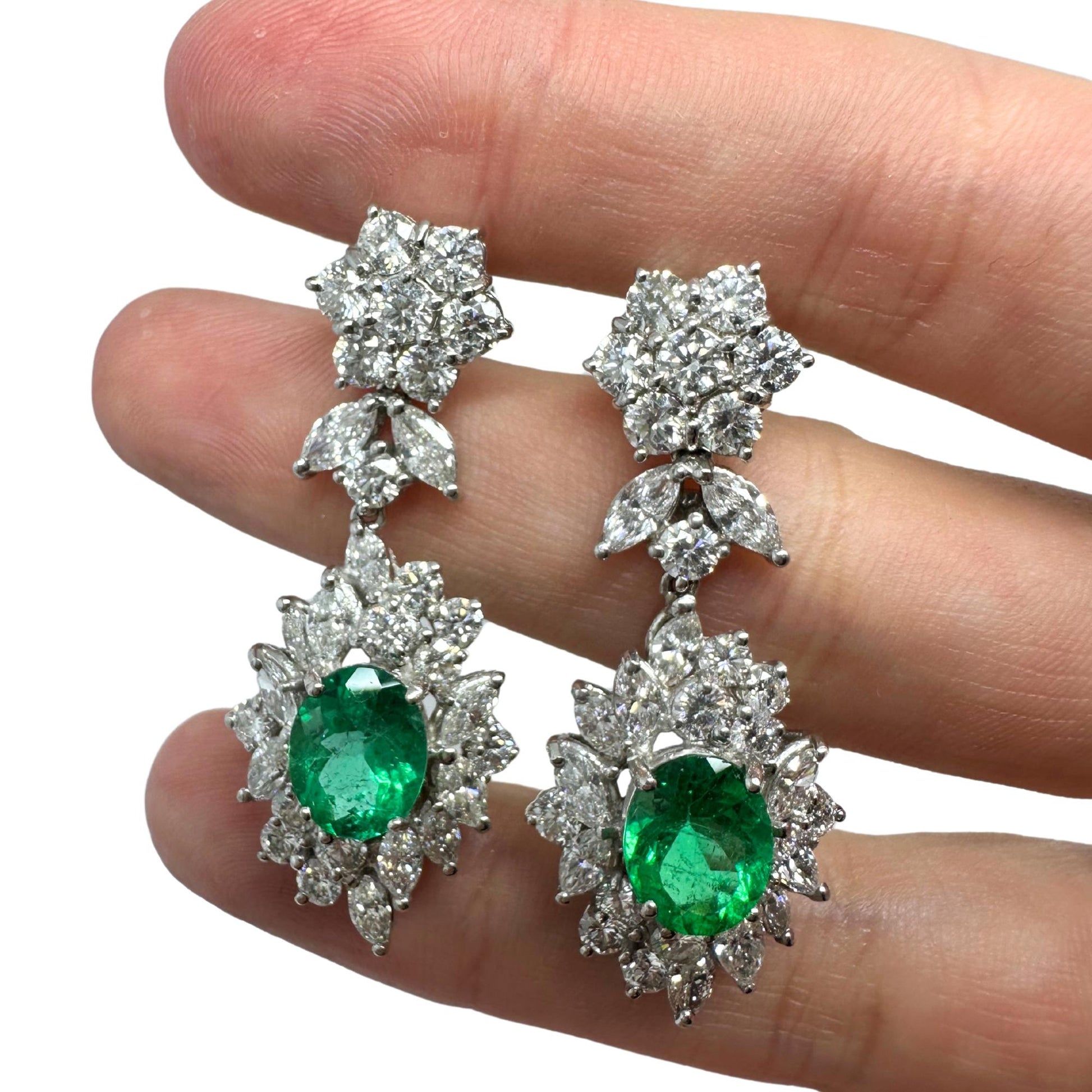18K White Gold Marquise Cut Diamond and Emerald Drop Earrings