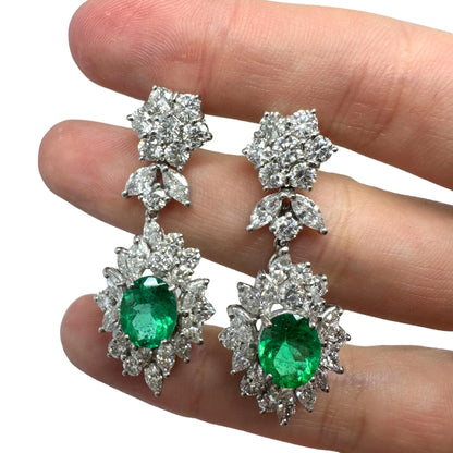 18K White Gold Marquise Cut Diamond and Emerald Drop Earrings