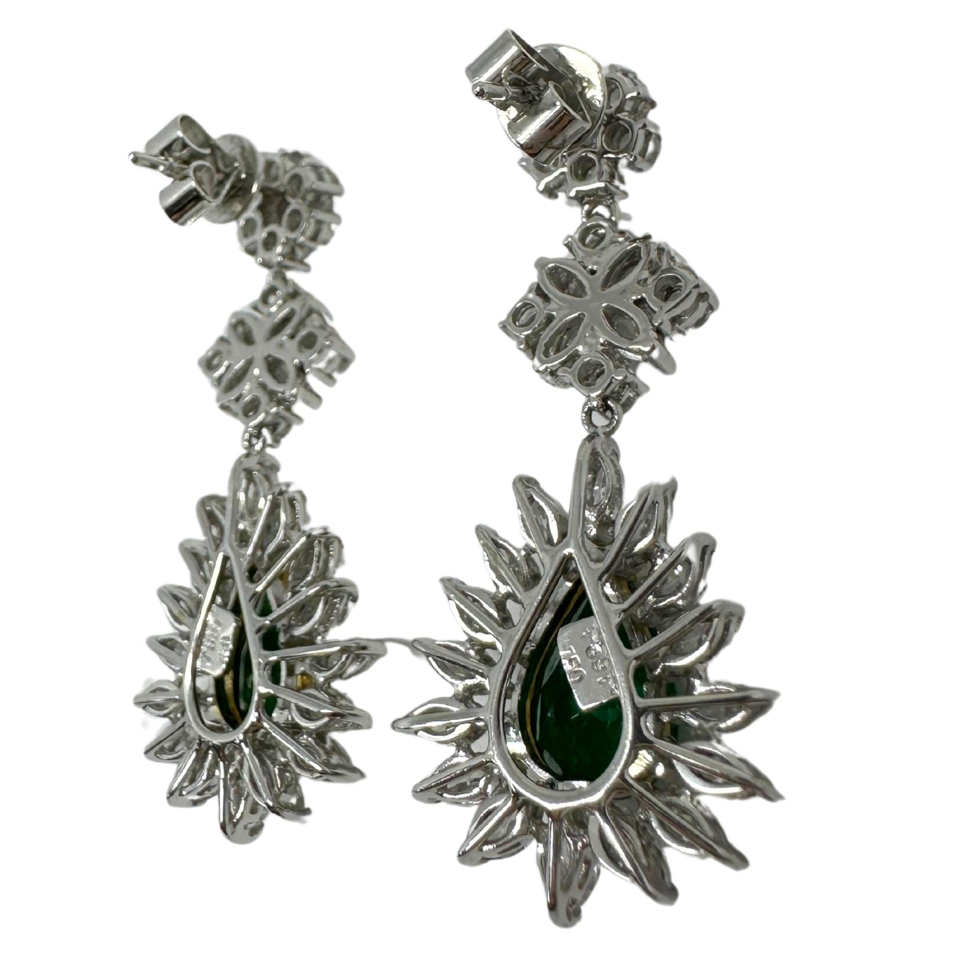 18K Two Tone Marquise Cut Diamond and Pear Cut Emerald Drop Earrings