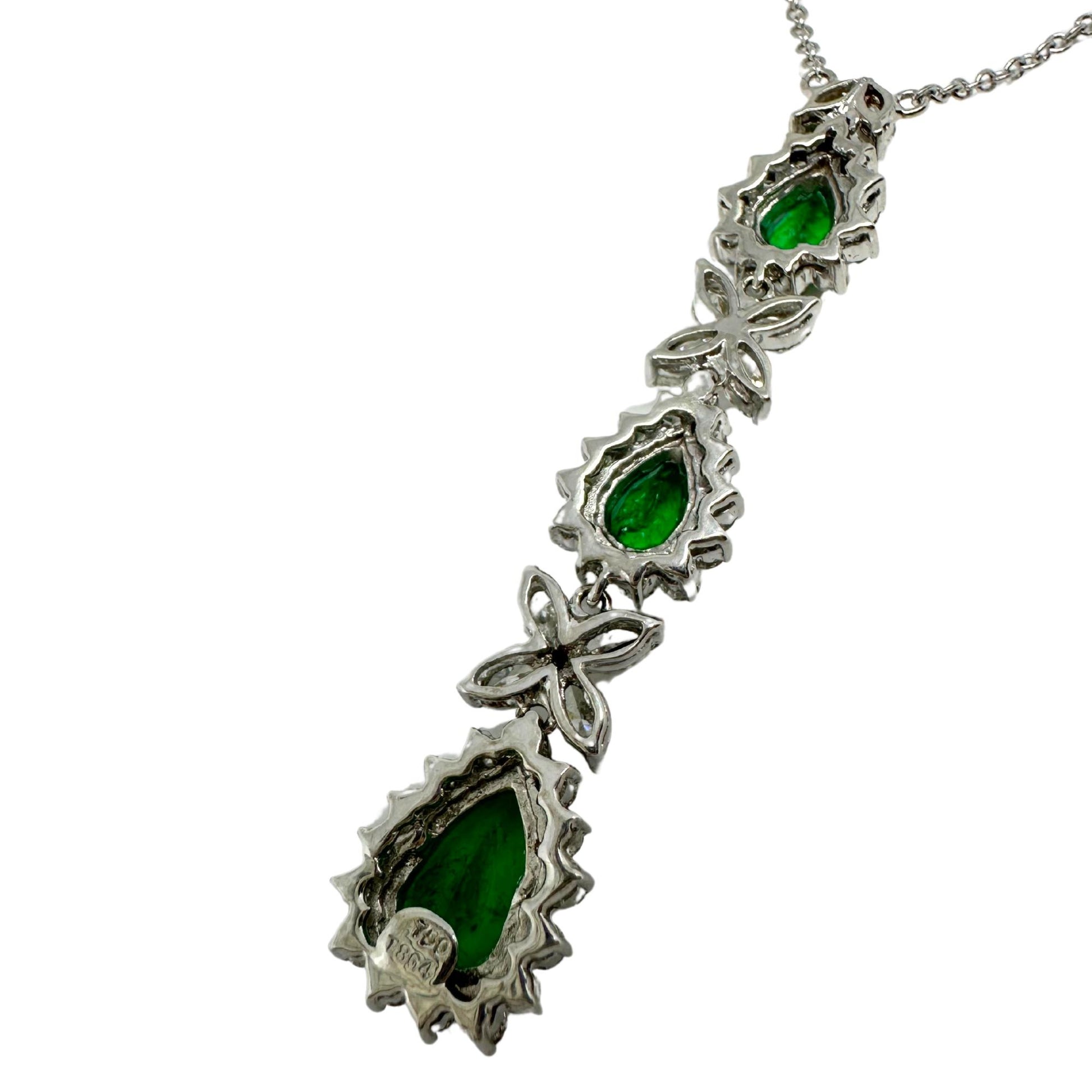 18K White Gold Marquise Cut Diamond and Pear Cut Emerald Necklace