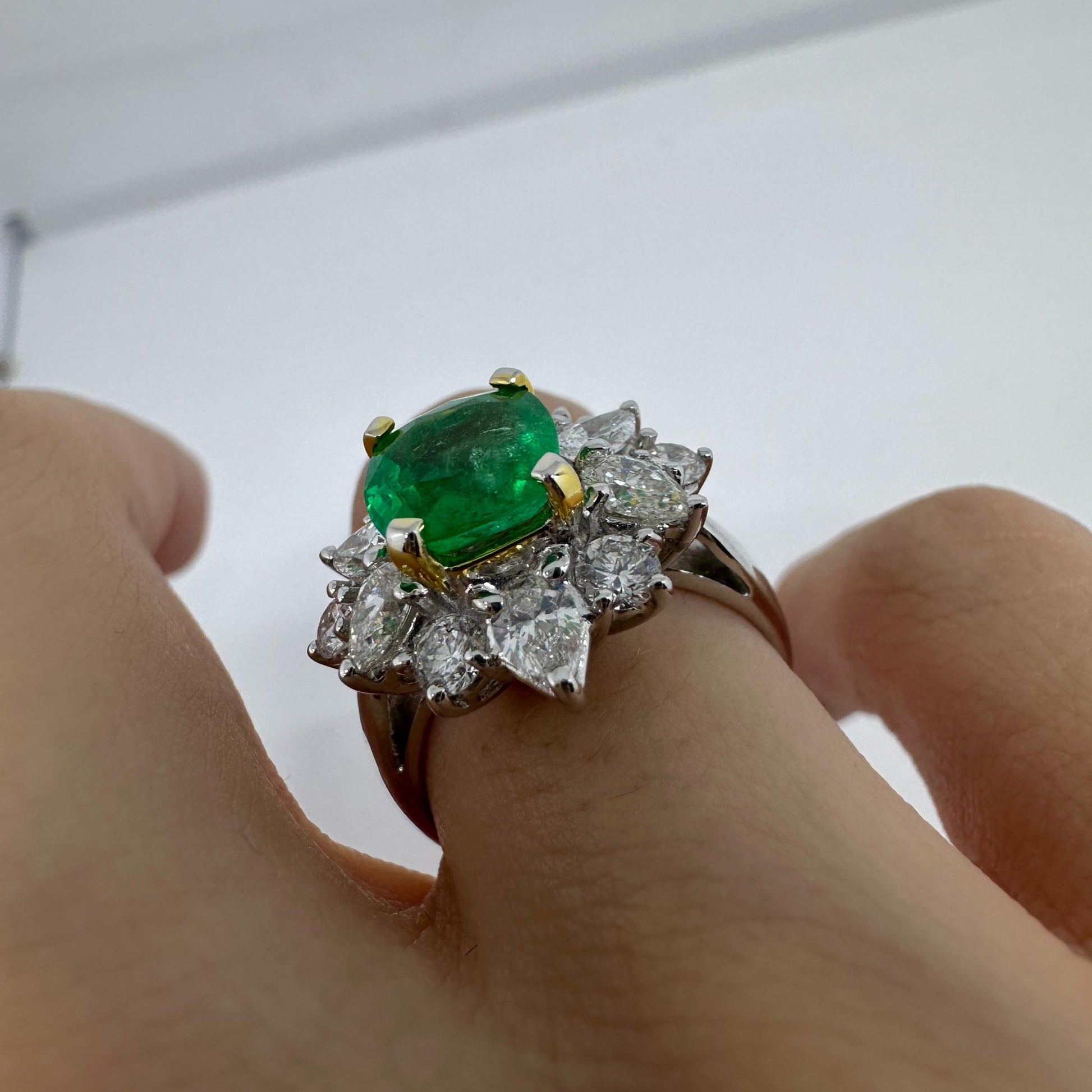 18K White Gold Pear Cut Diamond and Emerald Ring
