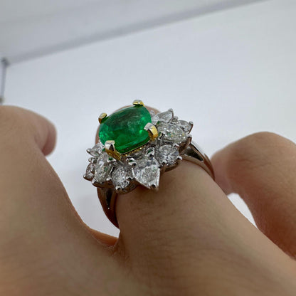18K White Gold Pear Cut Diamond and Emerald Ring