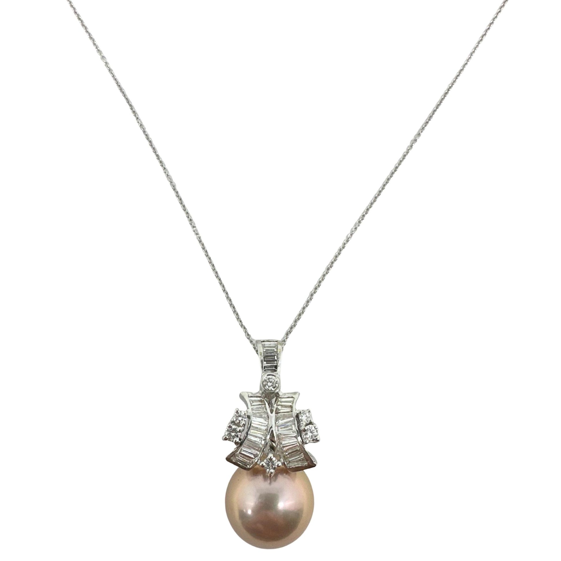 18K White Gold .65ct Diamond and Pink Pearl Pendant Necklace