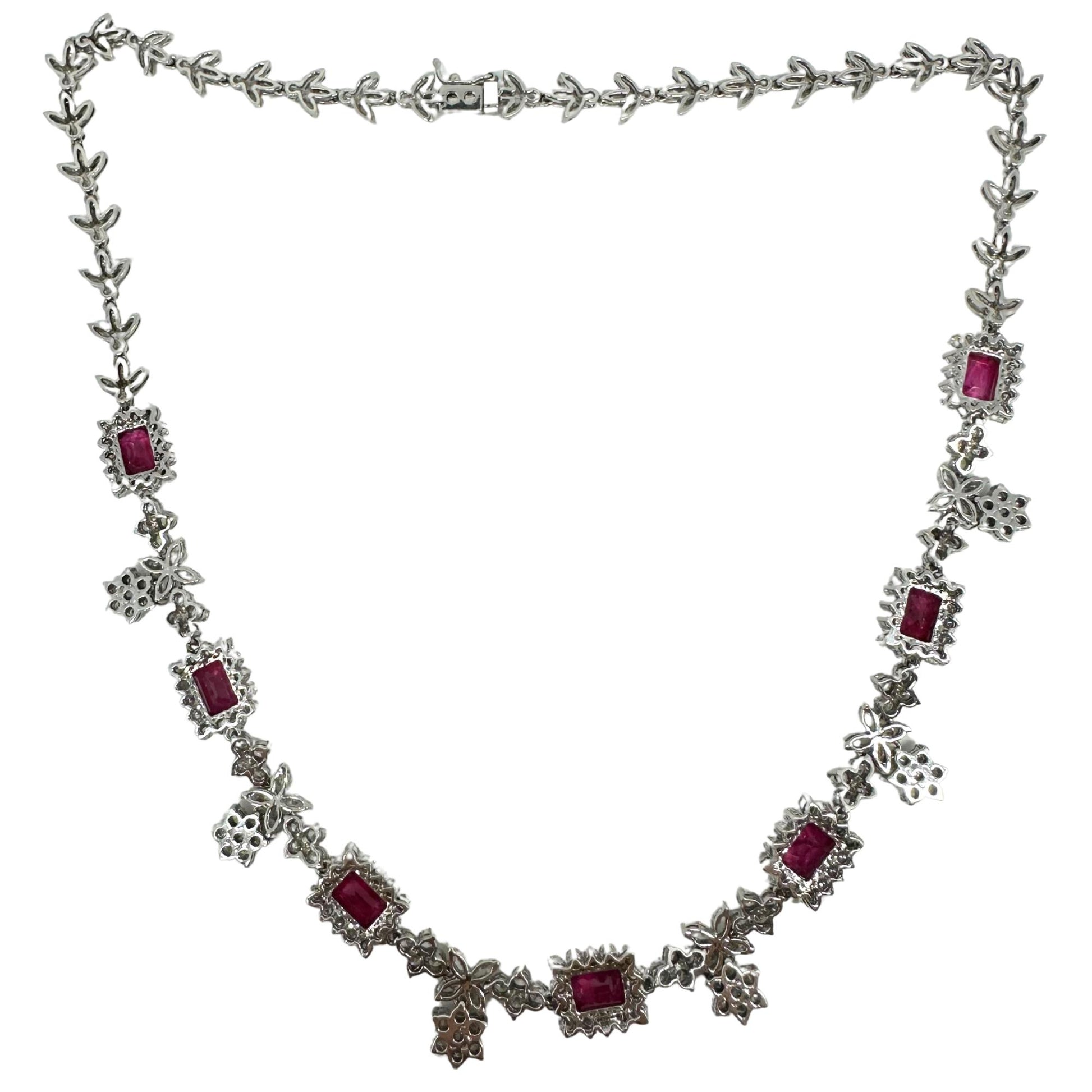 18K White Gold Diamond and Ruby Choker Necklace - 15 inches
