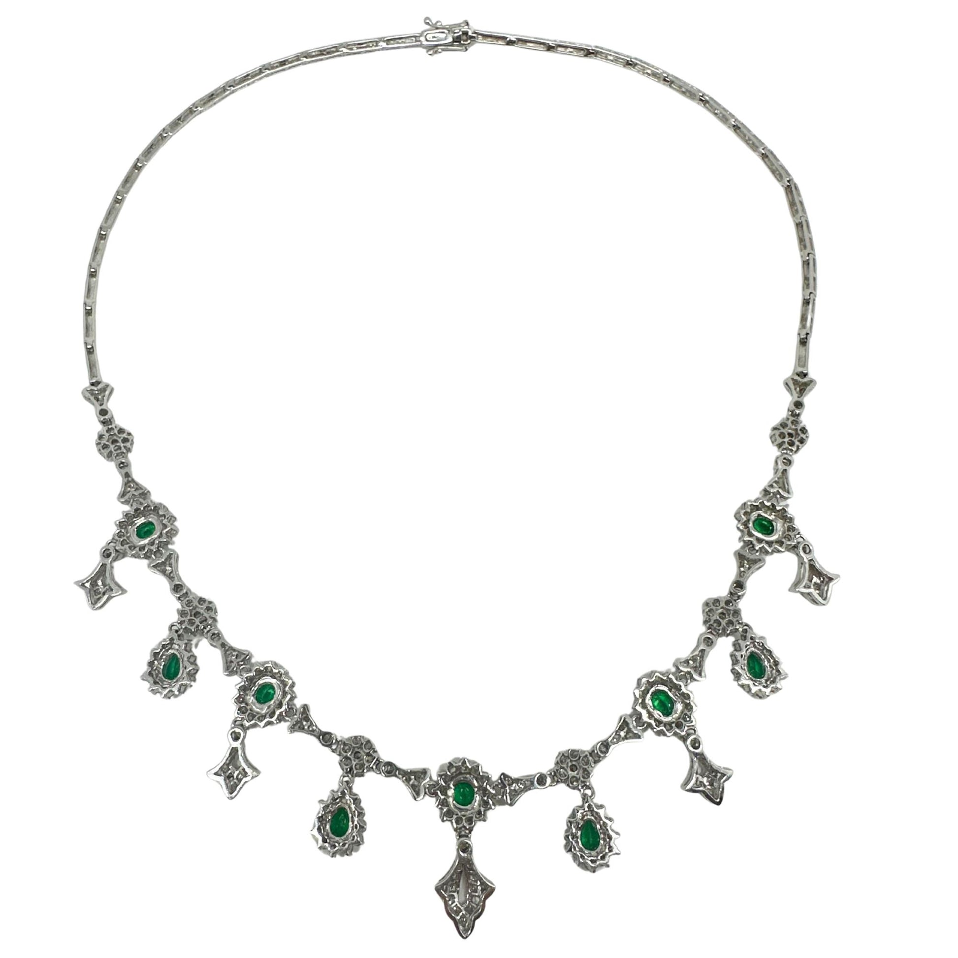 18K White Gold Diamond and Emerald Necklace - 16 inches