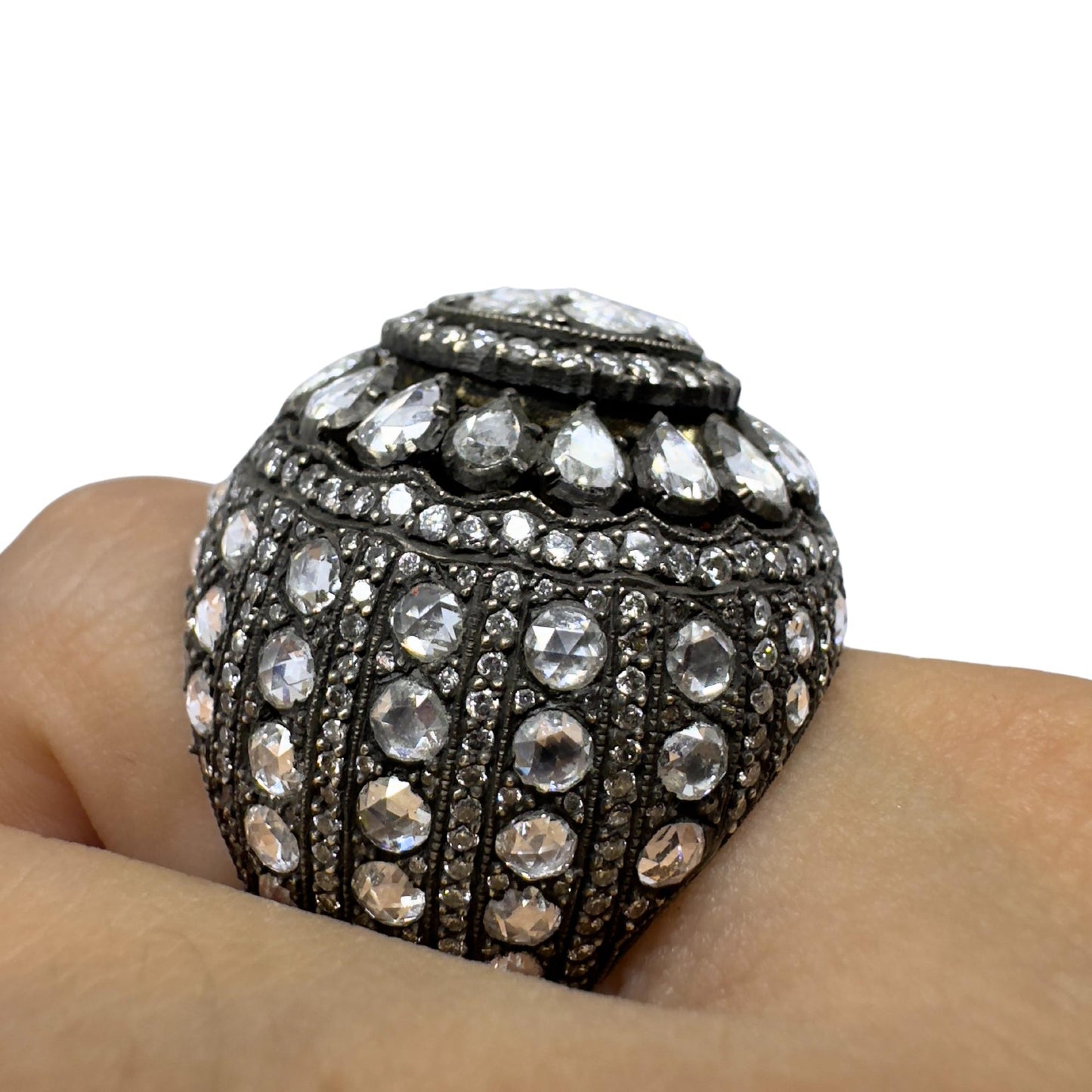Bold and Heavy 18K Yellow Gold and Silver Top Rose Cut Diamond Cocktail Ring