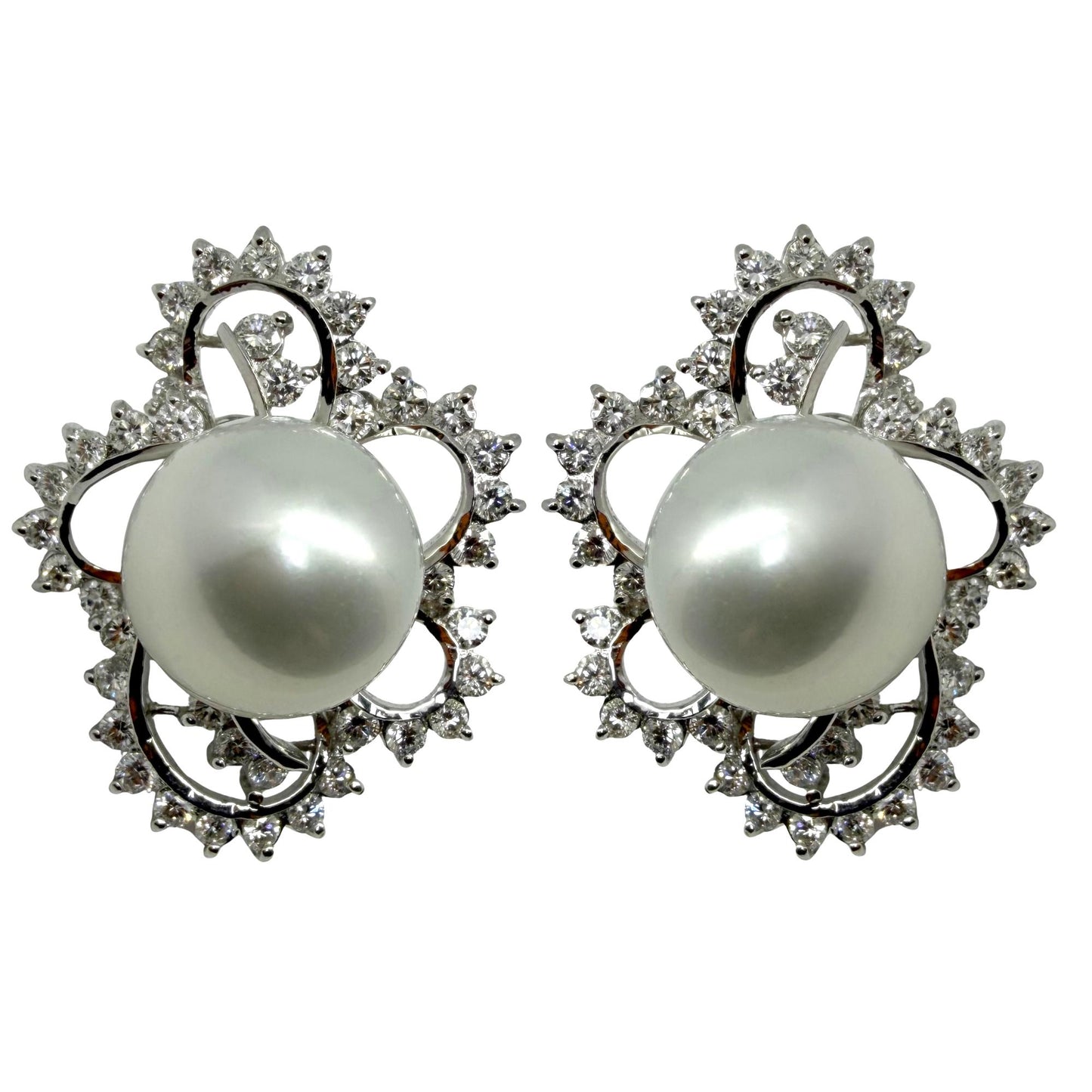 18K White Gold 4.16 carat Diamond and Cultured South Sea Pearl Earrings