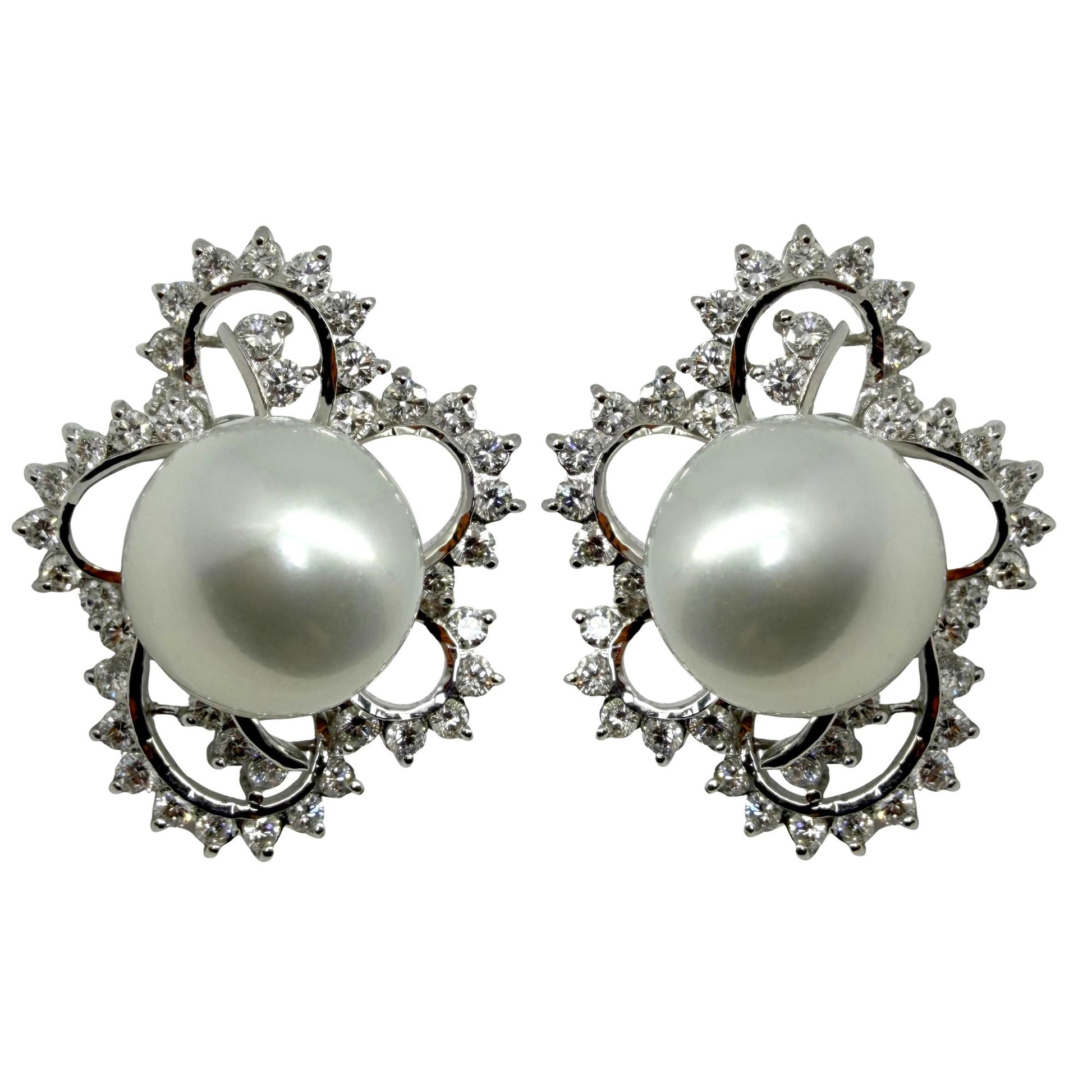 18K White Gold 4.16 carat Diamond and Cultured South Sea Pearl Earrings