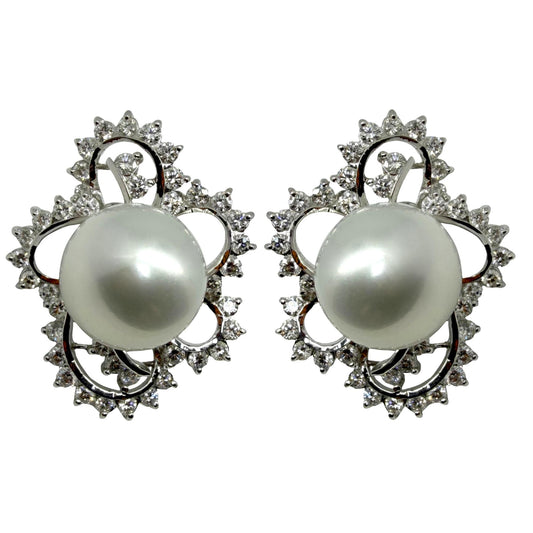 18K White Gold 4.16 carat Diamond and Cultured South Sea Pearl Earrings