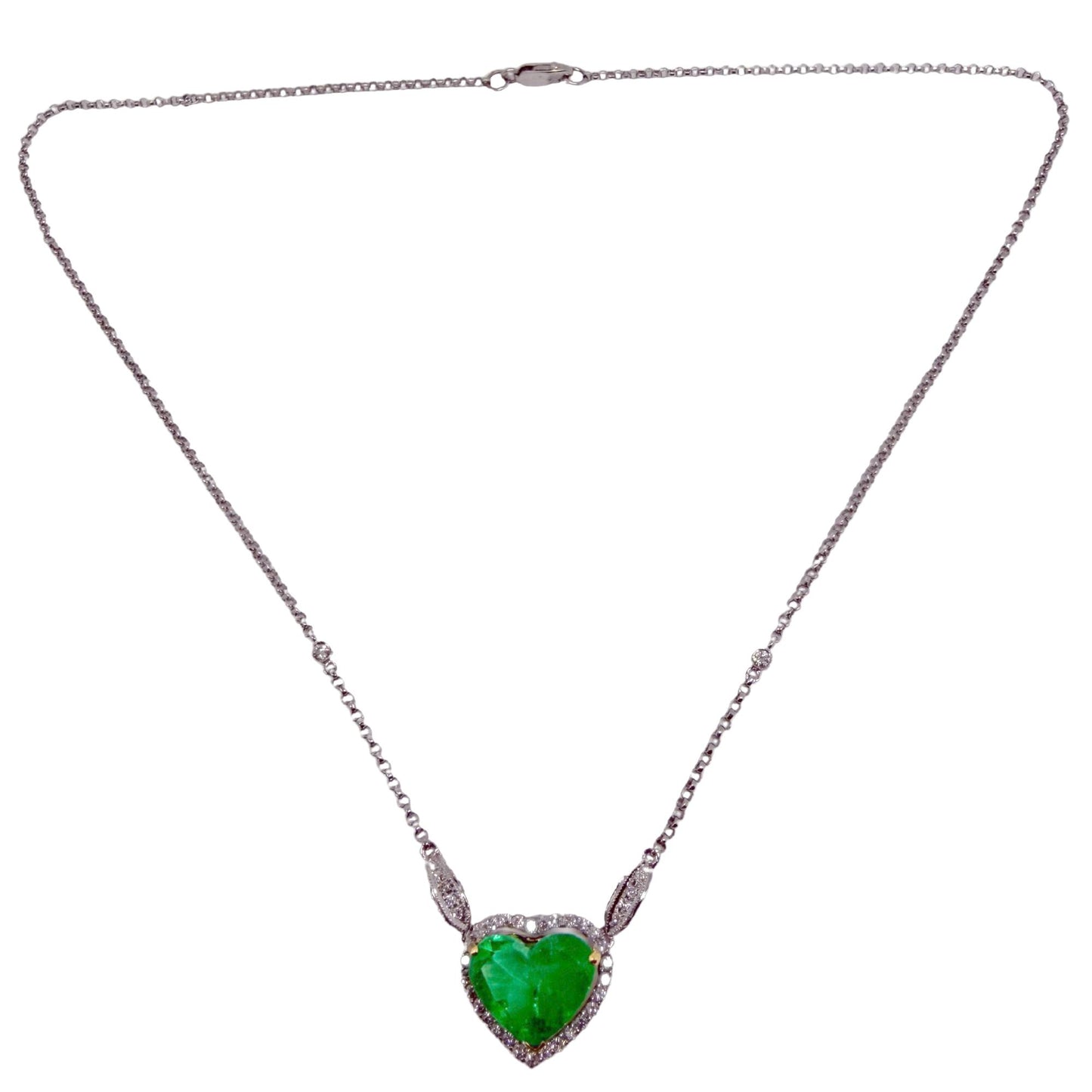 18K Two Tone Diamond and 4.14 Carat Heart Shaped Emerald Necklace