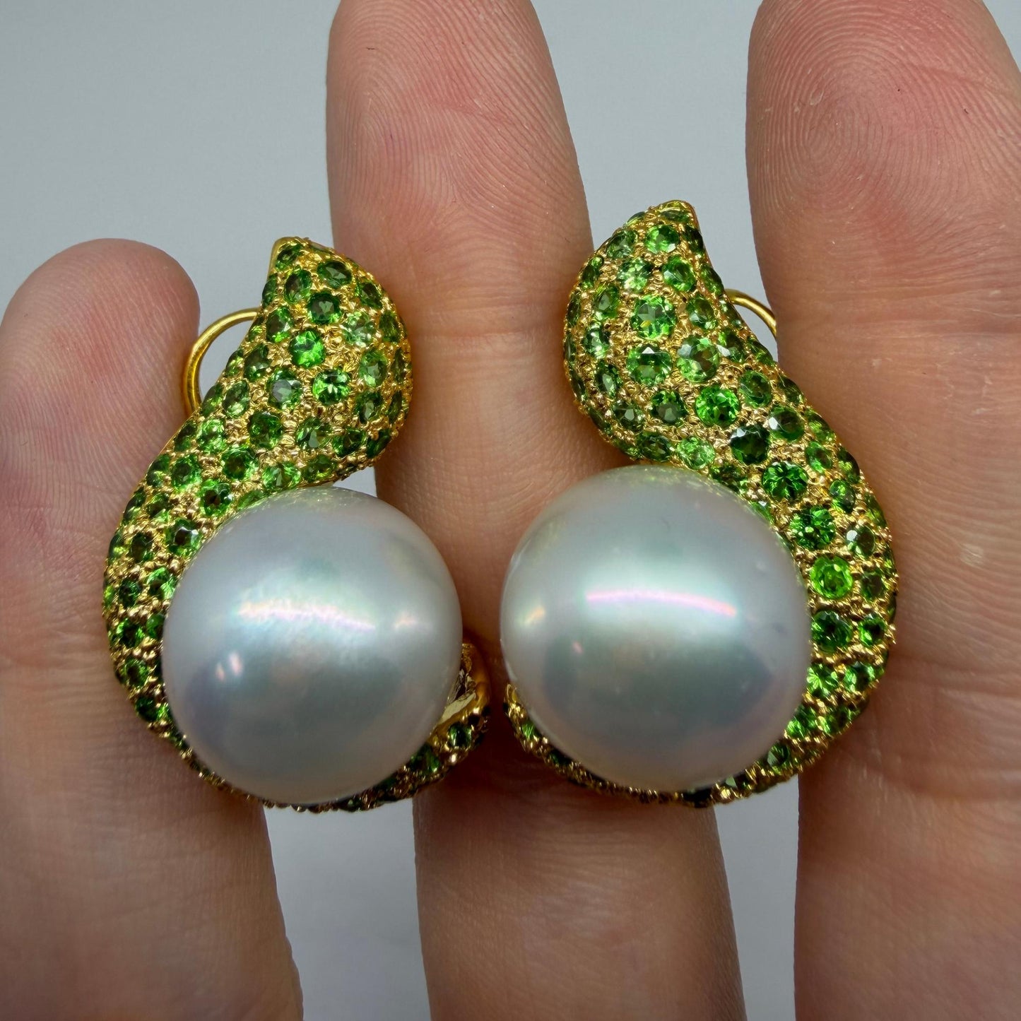 18k Yellow Gold Green Garnet and Pearl Earrings