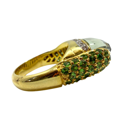 18K Yellow Gold Diamond, Green Garnet and Checkered Green Gemstone Cocktail Ring