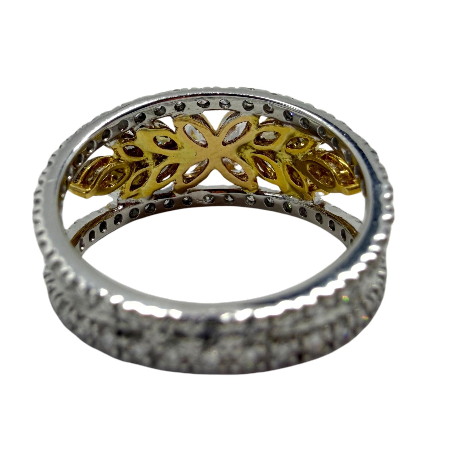 18K Two Tone Marquise Cut Pink, Yellow and White Diamond Flower Band Ring