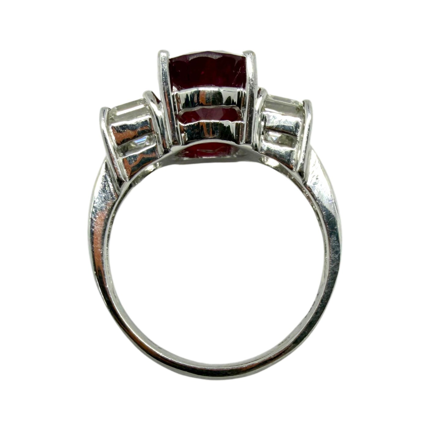 18K White Gold Asscher Cut Diamond and African Ruby Three Stone Ring - Size 6.75