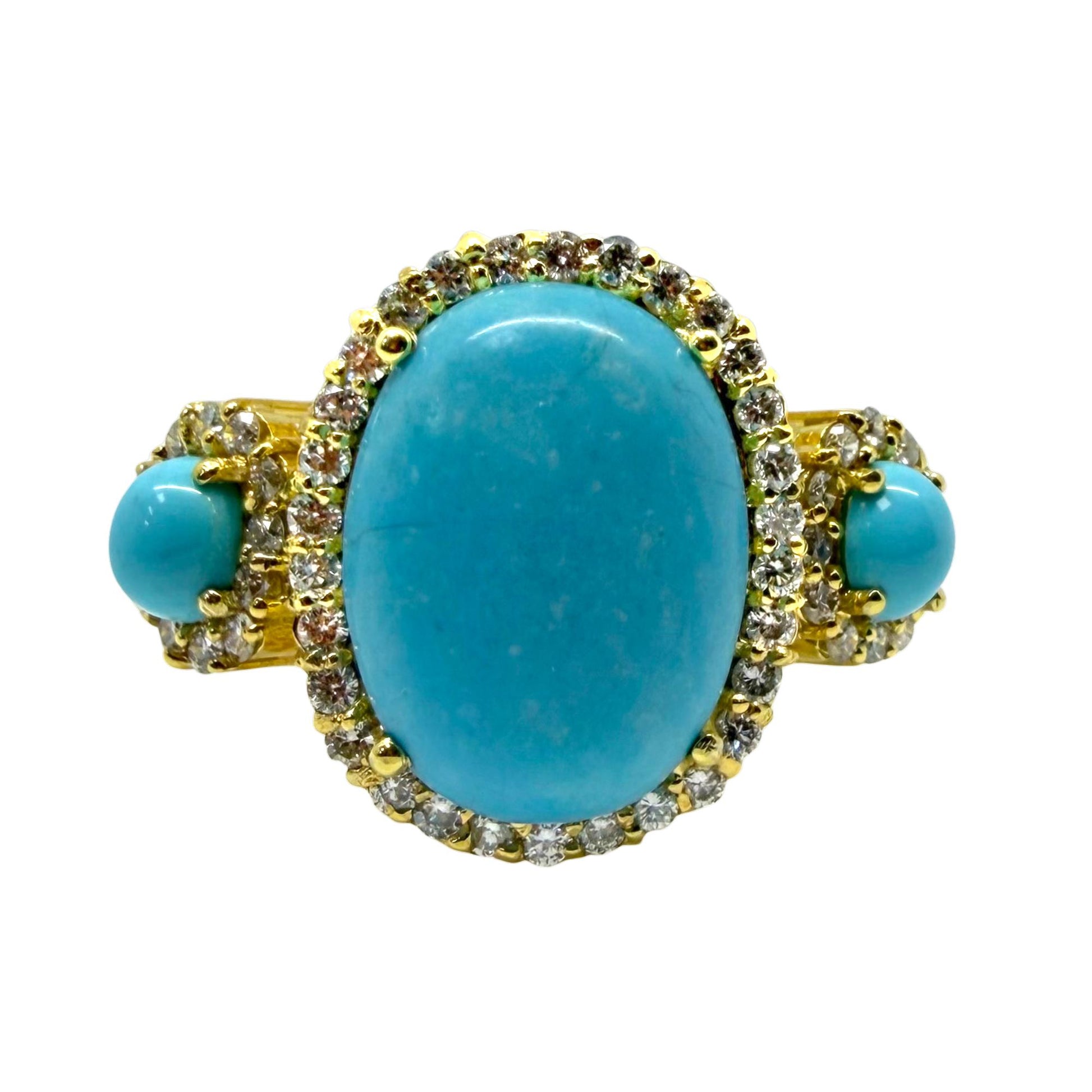 18K Yellow Gold Diamond and Turquoise Three Stone Cocktail Ring - Size 7