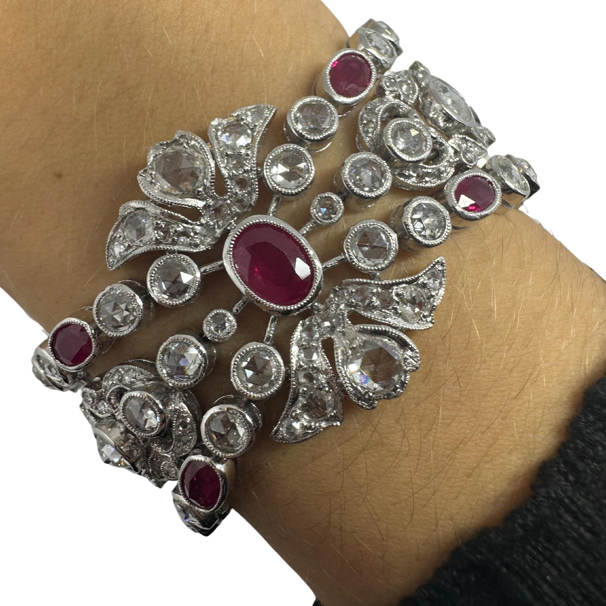 18K White Gold Rose Cut Diamond and Ruby Bracelet