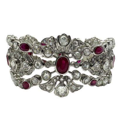 18K White Gold Rose Cut Diamond and Ruby Bracelet