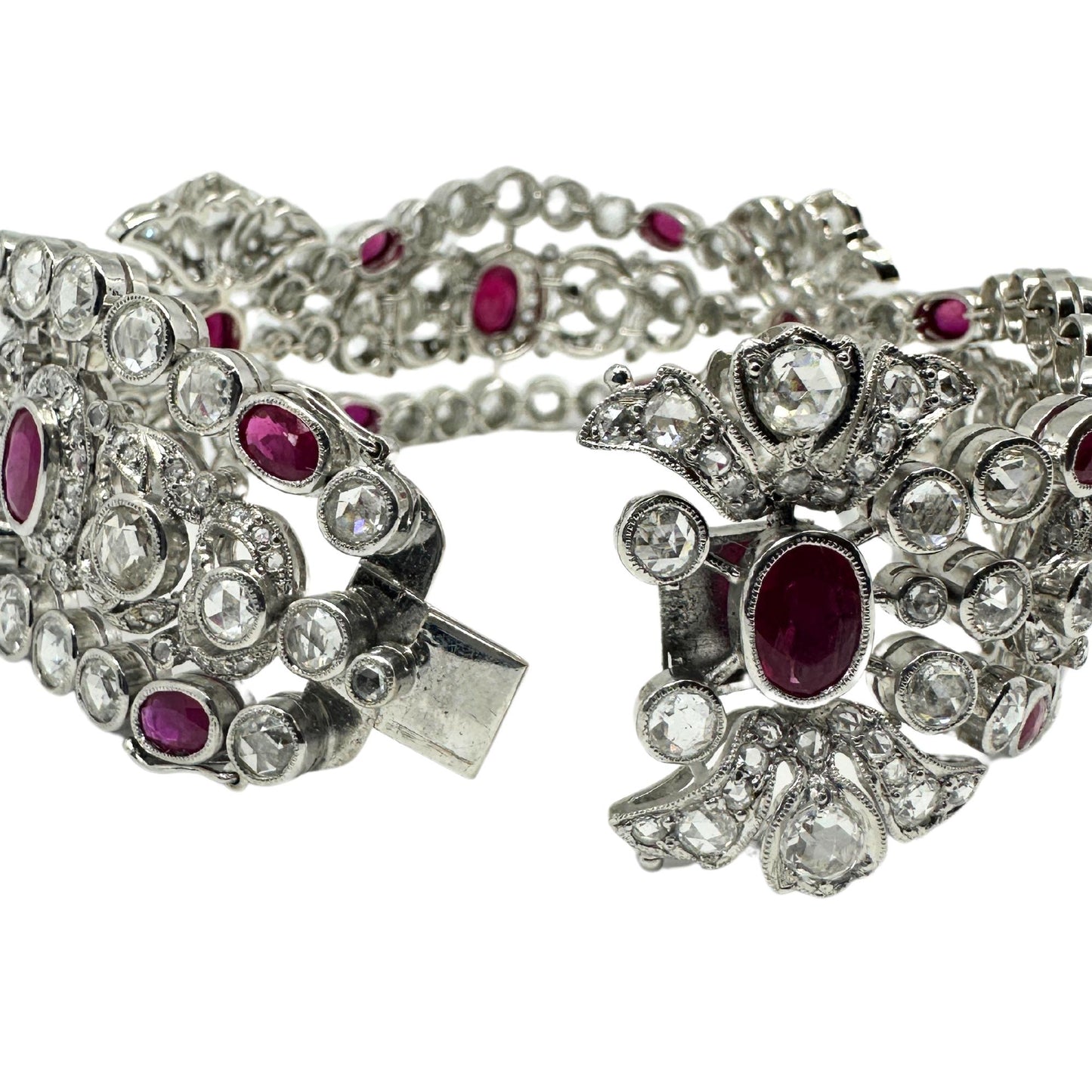 18K White Gold Rose Cut Diamond and Ruby Bracelet