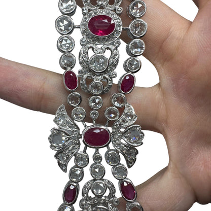 18K White Gold Rose Cut Diamond and Ruby Bracelet