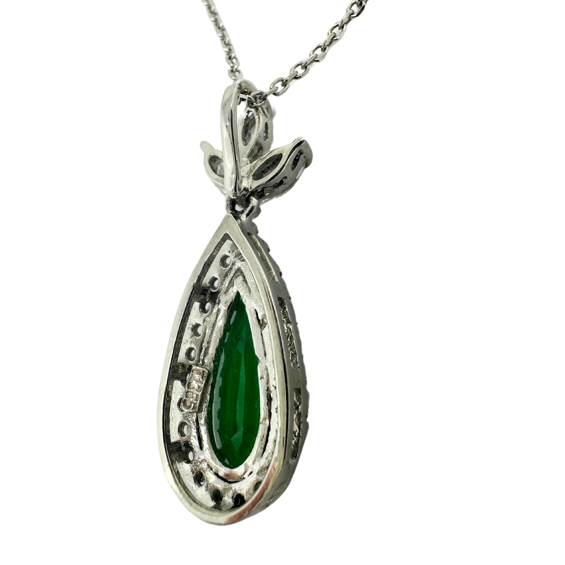 18K White Gold Marquise Cut Diamond and Pear Cut Emerald Pendant Necklace