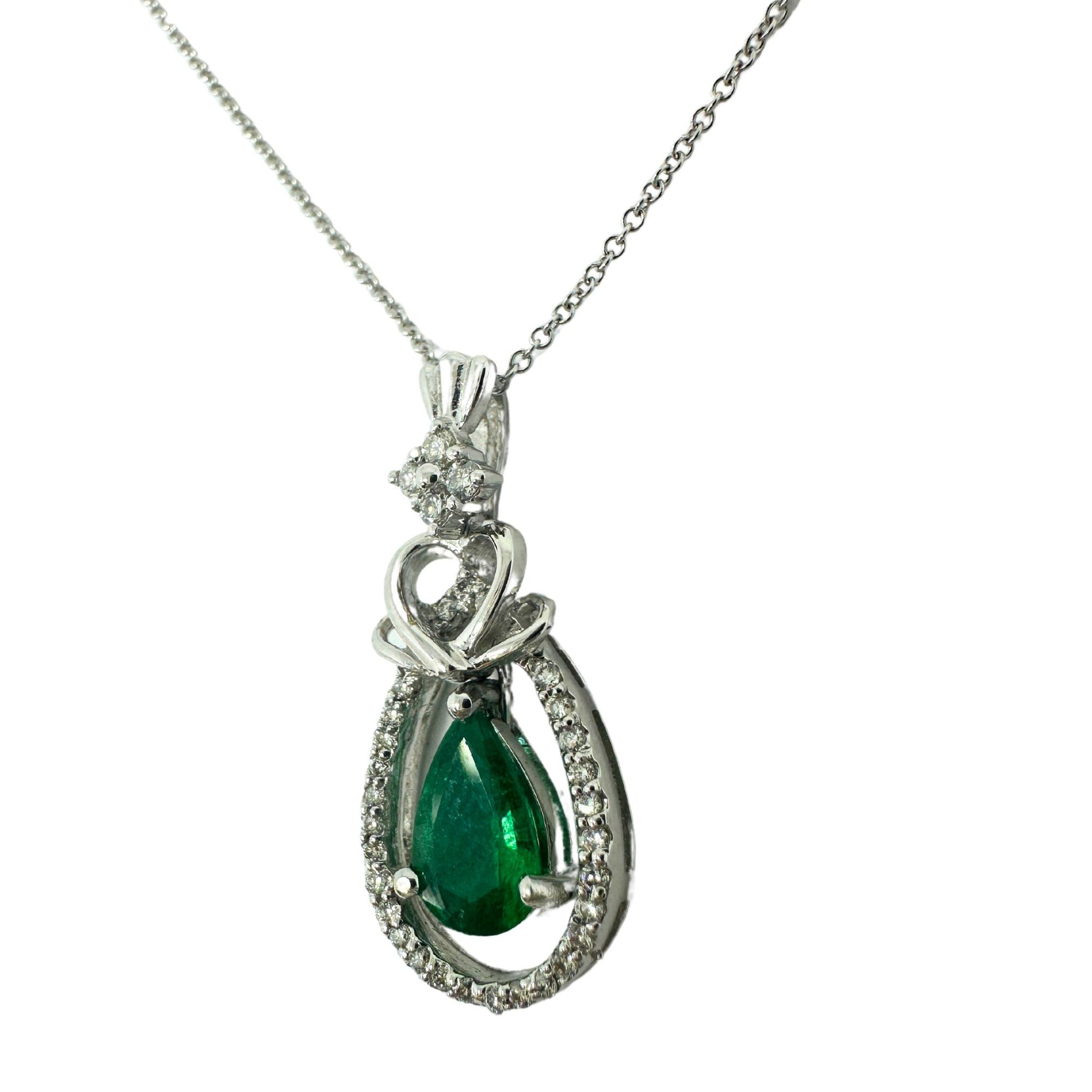 18K White Gold Pear Cut Emerald and Diamond Pendant Necklace