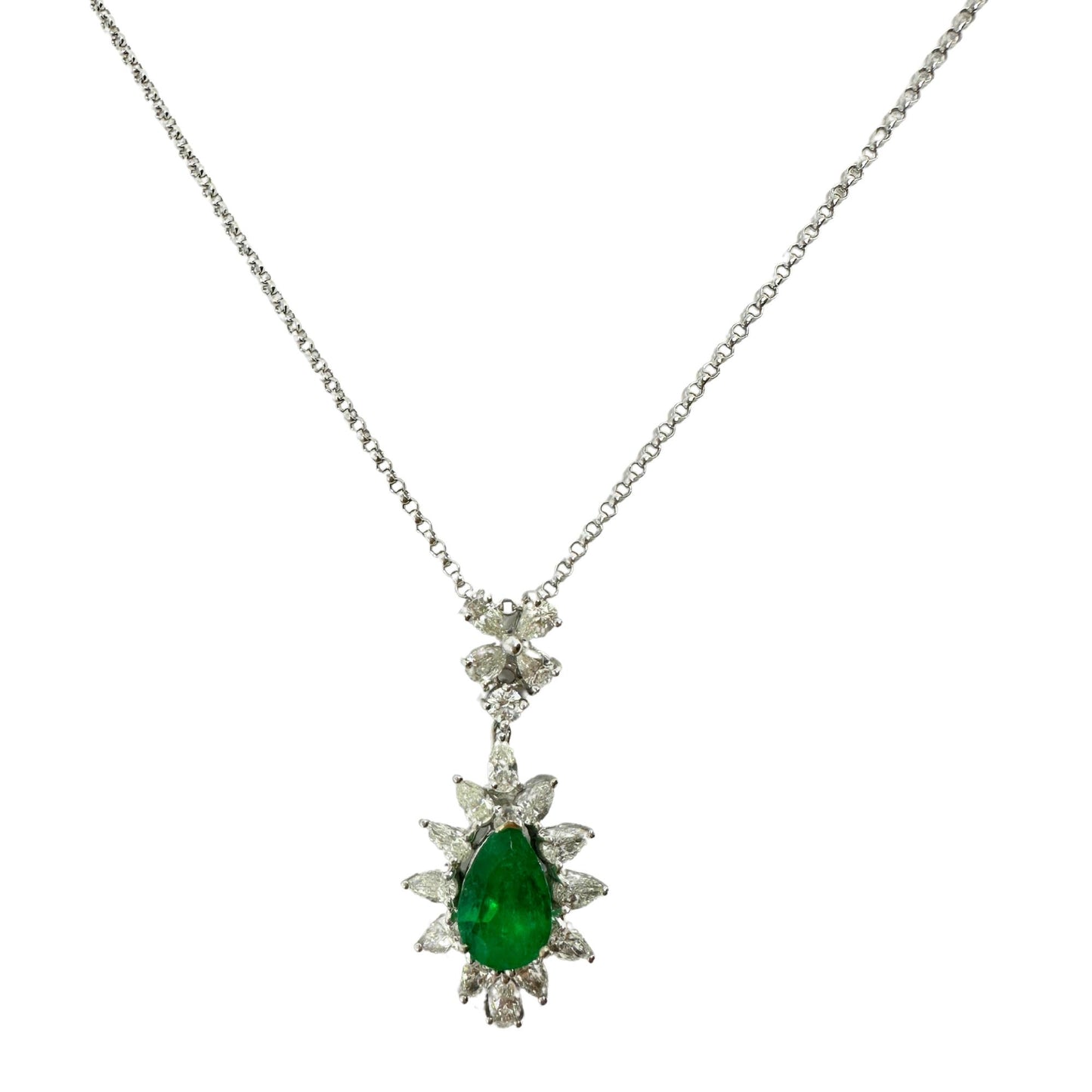 18K White Gold Pear Cut Diamond and Pear Cut Emerald Necklace