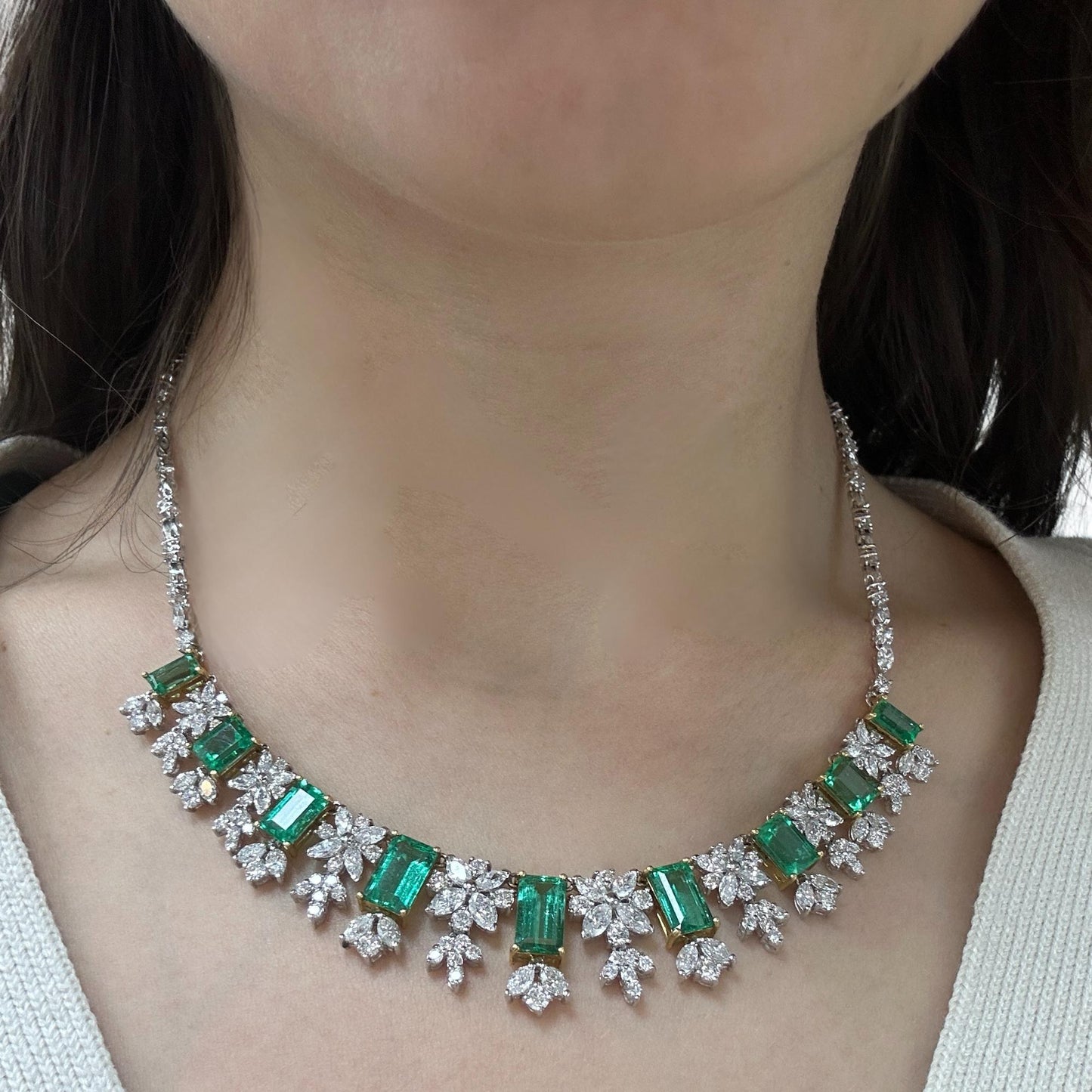 18K Yellow and White Gold Marquise Cut Diamond and Emerald Necklace