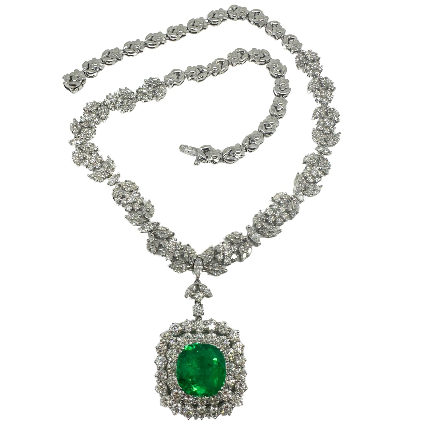 18K White Gold Diamond and Round Emerald Drop Necklace