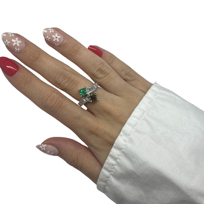 18K White Gold Brown Diamond, Baguette-Cut White Diamond, and Emerald Toi et Moi