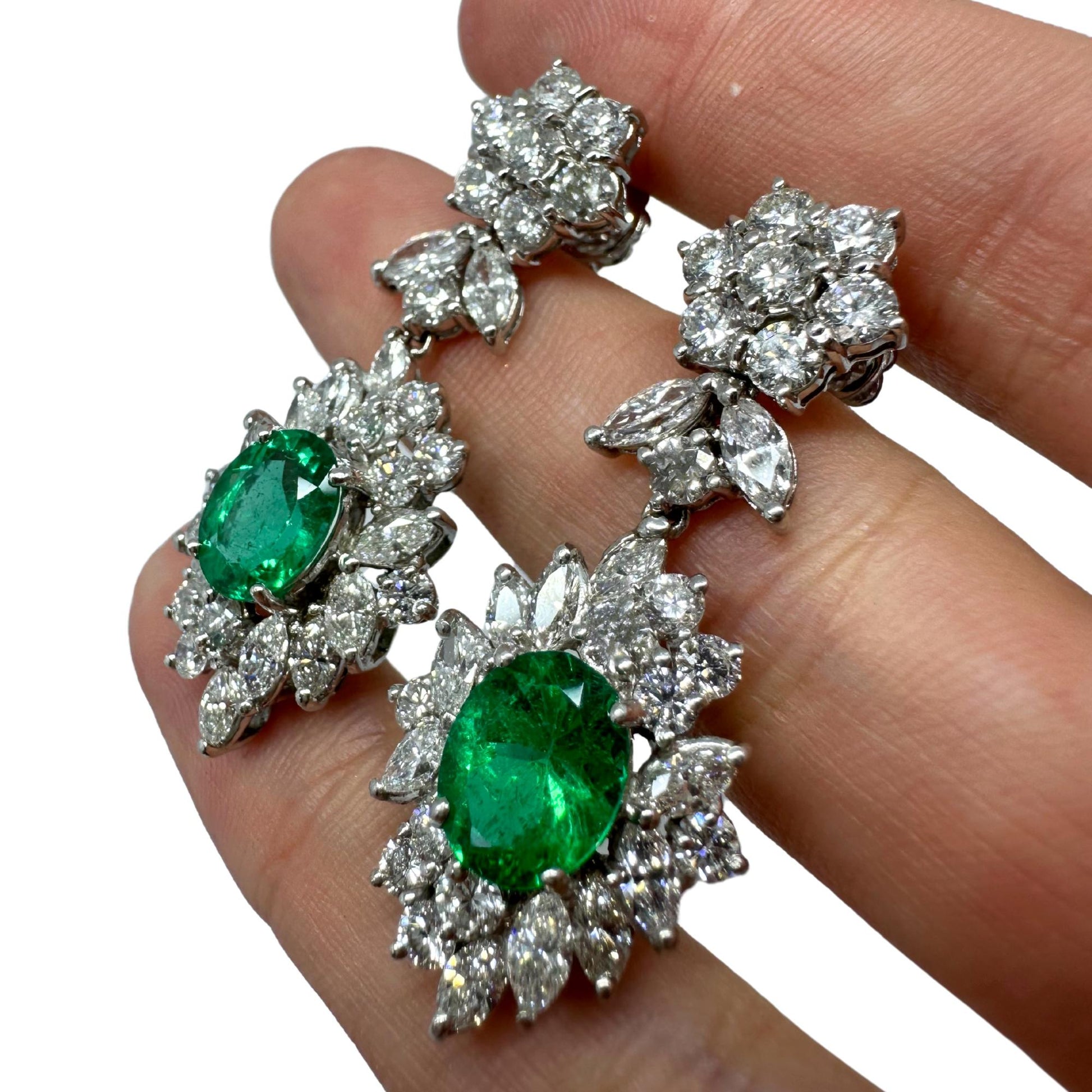 18K White Gold Marquise Cut Diamond and Emerald Drop Earrings