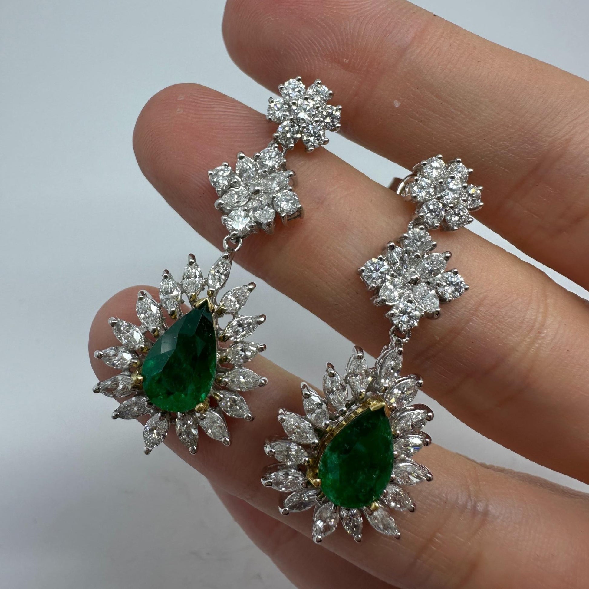 18K Two Tone Marquise Cut Diamond and Pear Cut Emerald Drop Earrings