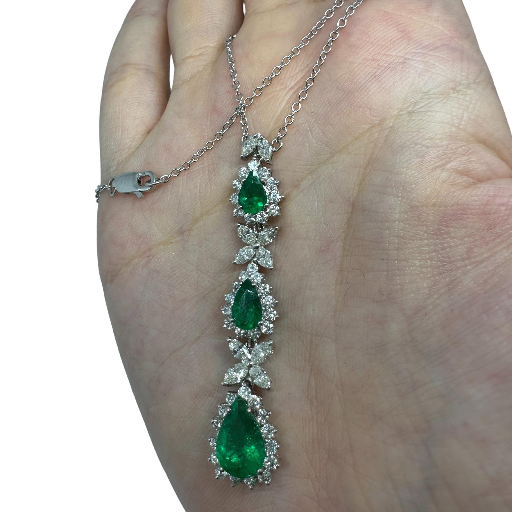 18K White Gold Marquise Cut Diamond and Pear Cut Emerald Necklace
