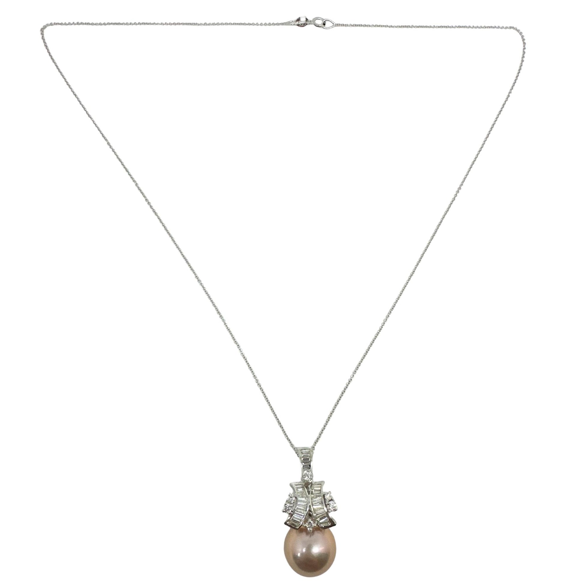18K White Gold .65ct Diamond and Pink Pearl Pendant Necklace