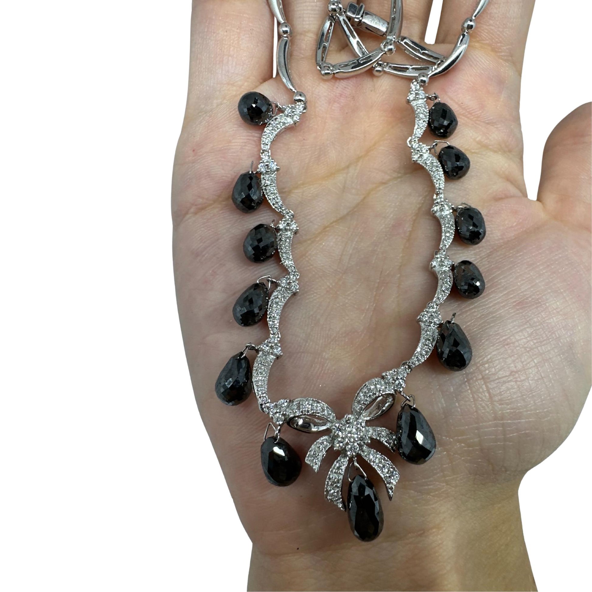 18K White Gold White Diamond and Briolette Black Diamond Bow Necklace