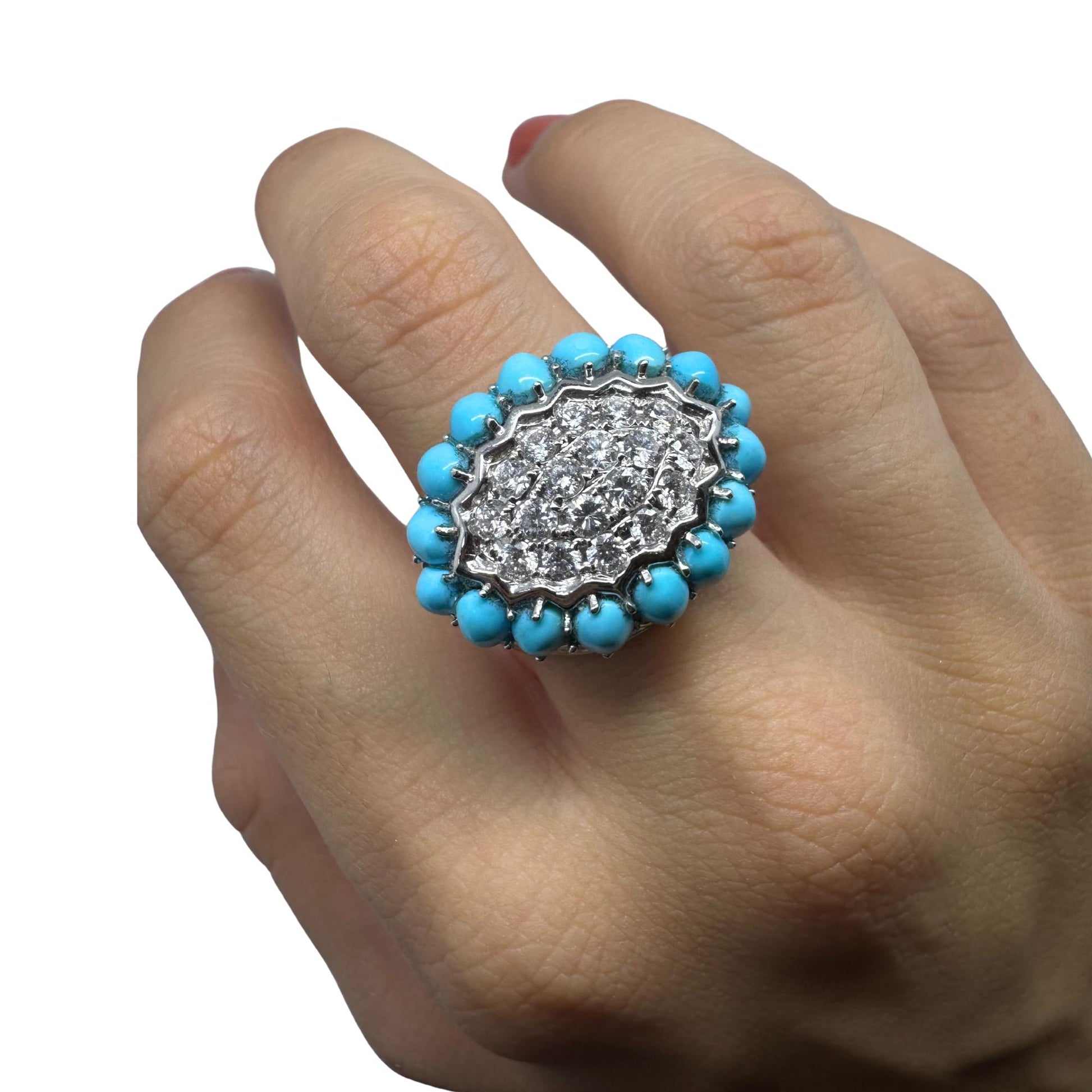 18K White Gold Diamond and Turquoise Cluster Ring