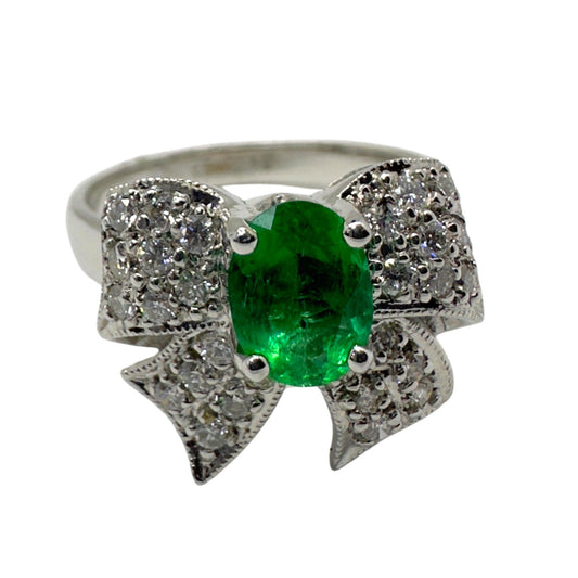18K White Gold Diamond & Emerald Bow Ring