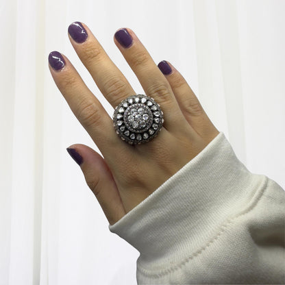 Bold and Heavy 18K Yellow Gold and Silver Top Rose Cut Diamond Cocktail Ring