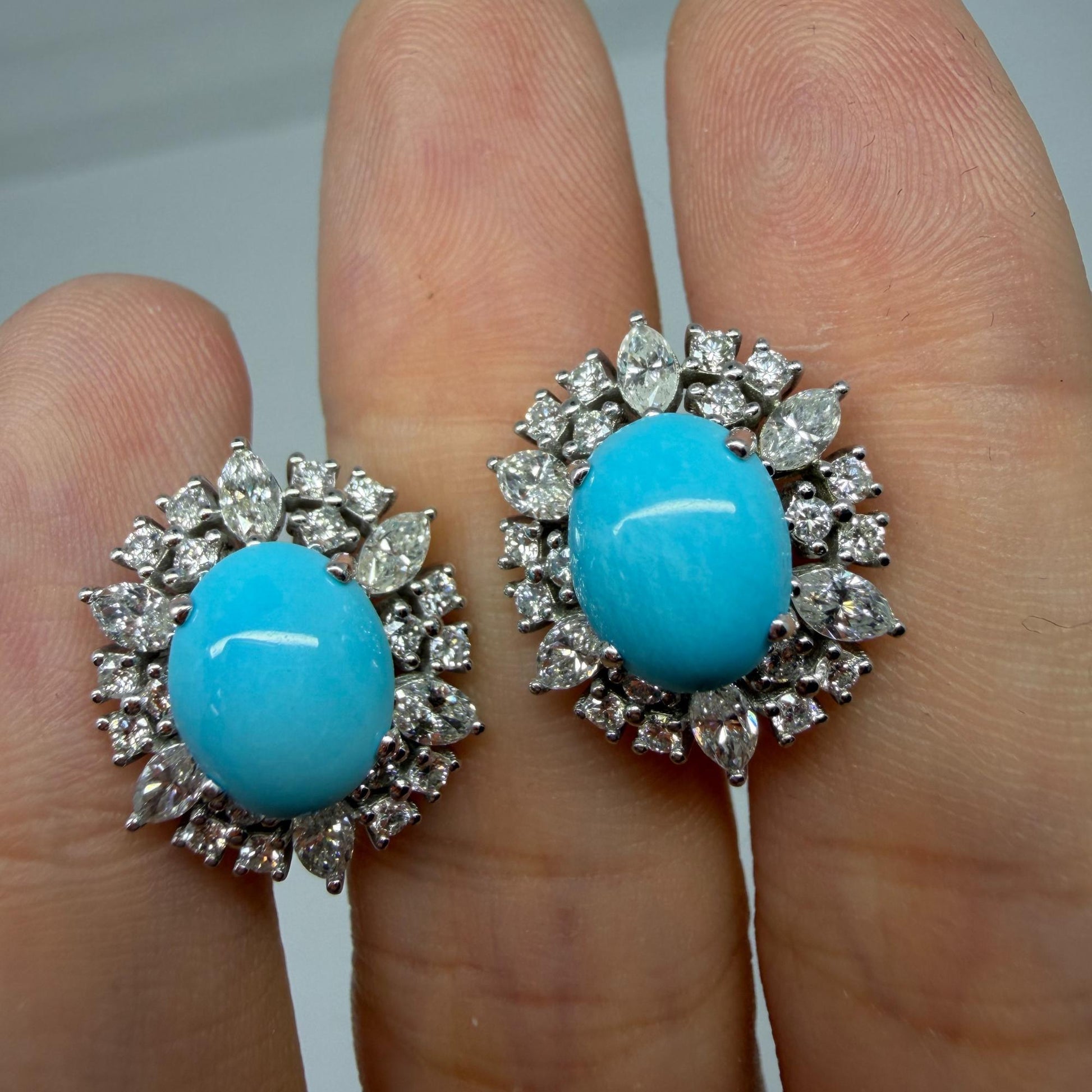 Platinum Marquise Cut 1.75 carat Diamond and Oval Turquoise Halo Stud Earrings