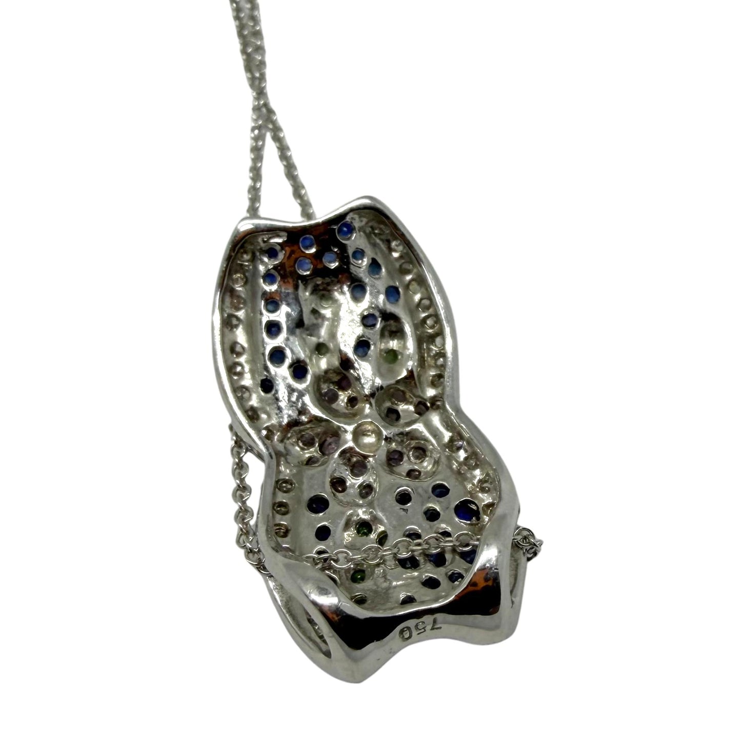 18K White Gold Sapphire, Garnet Tsavorite and Diamond Floral Pendant Necklace