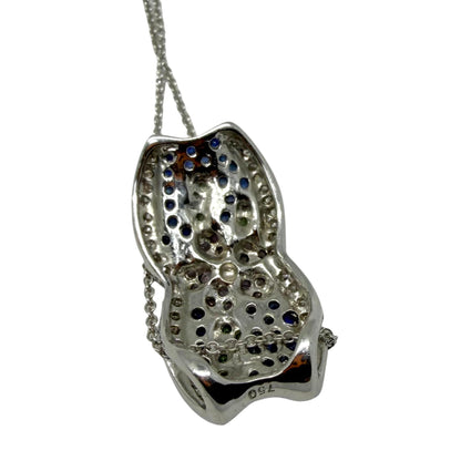 18K White Gold Sapphire, Garnet Tsavorite and Diamond Floral Pendant Necklace