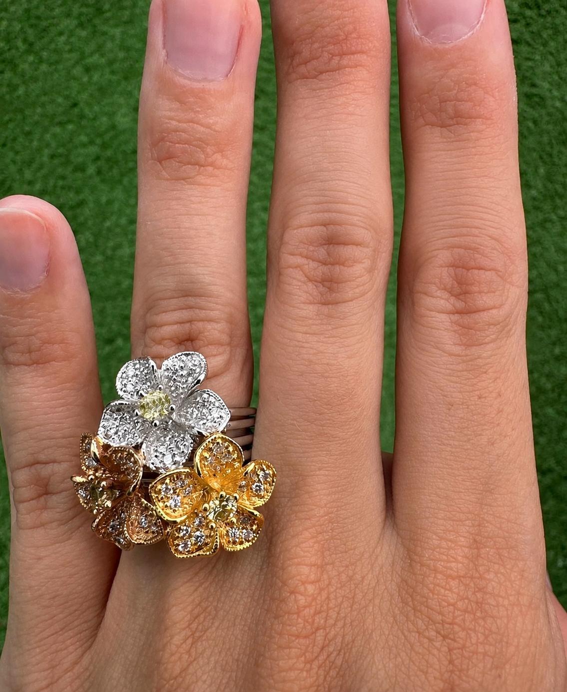 18K Rose, Yellow & White Gold 1.31 Carat Diamond Floral Cocktail Ring - Size 6.5