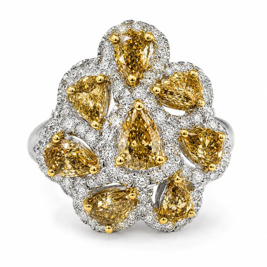 18K Two Tone Pear Cut Yellow and White Diamond Cocktail Ring - Size 6.75