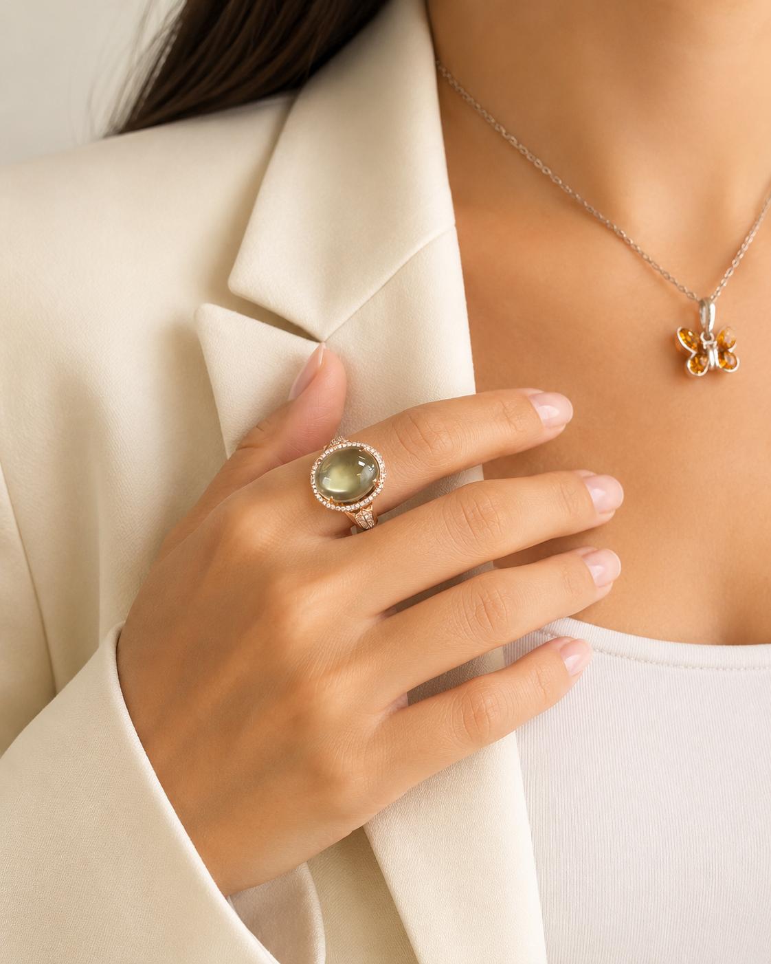 18K Rose Gold Diamond and 4.74 Carat Moonstone Ring